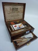 19th Century mahogany fitted artist's box containing paint blocks, mixing bowls and accessories by