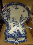 Wood and Sons blue and white tureen with cover, tray and ladle, with similar dish and platter