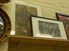 'Organic Sun Cross' crayon on paper by Royston Hopson and 'The Village' limited edition woodcut