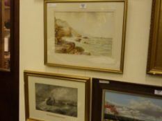 Sea scape watercolour by E Bishop and a 19th Century print of Scarborough
