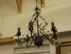 Six branch wrought metal chandelier with cut crystal flower heads