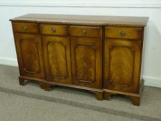 Reproduction mahogany breakfront sideboard, crossbanded top, W153cm
