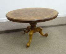 Victorian walnut loo table, oval inlaid snap top, 119cm