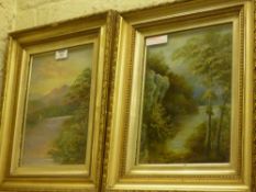 Pair of lake/ river scene oil paintings, 19th Century, in gilt frames