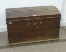 Edwardian stained pine dome top travelling trunk, 99cm