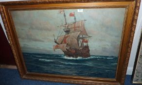 English galleon at sea, colour print