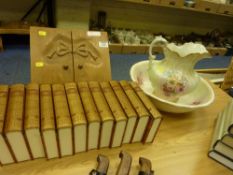 Pine correspondence box, Charles Dickens twelve volumes and a wash jug and basin
