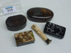 19th Century silver mounted tortoiseshell snuff box, further papier mache snuff boxes and a bone and