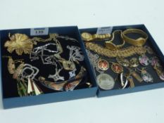 RAF brooch, Seiko and Tissot watches and costume jewellery in two boxes