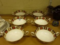Set of six Royal Crown Derby Imari Pattern no.1128 soup bowls with handles