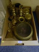 Pair Victorian brass candlesticks, brass shell case and further brass items in one box