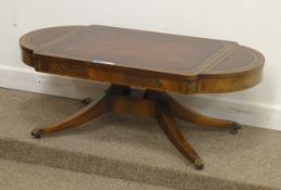Regency style walnut pedestal table with tooled leather top and single drawer W116cm x D57cm
