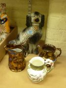 19th Century Wedgwood jug with moulded hunting scene decoration and two copper lustre jugs and