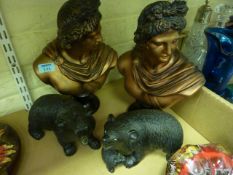 Two bronzed busts of Apollo Belvedere and two Black Forest carved wooden bears