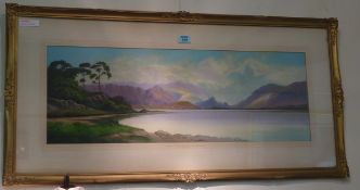 'Derwentwater and Jaws of Borrowdale', watercolour signed by Roland Stead 27cm x 78cm