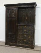 Victorian Gothic style heavily carved oak combination wardrobe with linenfold detail, W184cm x