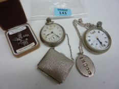 Two pocket watches, oak leaf marcasite brooch, evening purse, hallmarked silver ingot necklace