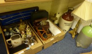 Chinese carved soapstone table lamp, binoculars, camera equipment and further items in two boxes