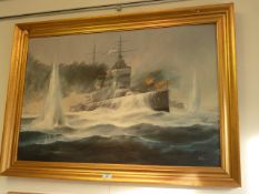 HMS Ajax Under Fire, oil on canvas signed by Michael Whitehand