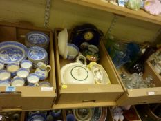 Blue and white Willow pattern part dinner service, ceramic clock and further ceramics and glass