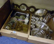 Georgian style oak inlaid 'Britannia' tray, Miscellanea and silver plated ware in two boxes