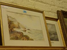 Sea scape watercolour by E Bishop and a 19th Century print of Scarborough
