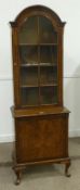 Early 20th century walnut display cabinet with glazed arched top, cupboard to base, W62cm x H188cm