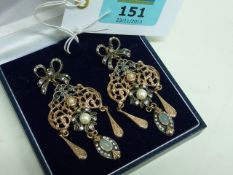 Pair of vintage pearl and marcasite pendant ear-rings stamped 925