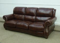 Quality three seat settee in burgundy leather, W230cm
