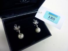 Pair of diamond, diamond baguette and pearl pendant ear-rings stamped 18k 750