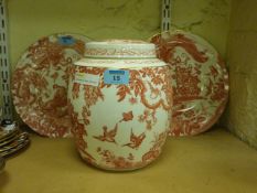 Large Royal Crown Derby 'Red Aves' ginger jar and Two matching plates