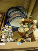 Box of blue and white and Staffordshire style figures
