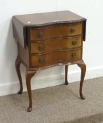 Reproduction mahogany three drawer serpentine chest with drop leaf top, W57cm