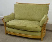 Ercol Renaissance light elm two seater settee in pale sage green cover, W145cm