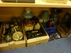 Glass and gilt metal oil lamp, stoneware storage jars and miscellanea in hree boxes