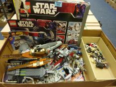 Collection of Star Wars lego, including figures and Sith Infiltrator and a Star Fighter