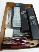 Collection of pens to include Sheaffer fountain pen, Parker pens, hallmarked silver propelling