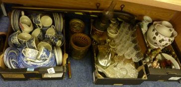 Collection of blue and white dinner and tea ware with two boxes of glassware, brassware,