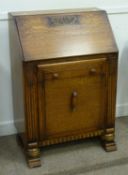 Early 20th Century oak bureau, fall front above single drawer and cupboard, W72cm