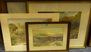 Moorland Hunting scene, mid 20th Century watercolour, two other watercolours and an oil