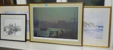 Scarborough lights, colour print after John Atkinson Grimshaw and three other coastal prints