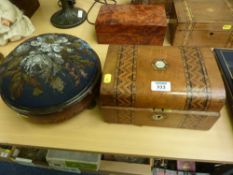 Victorian walnut Tunbridgeware work box and circular foot stool with similar decoration