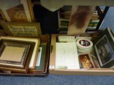 Pictures, prints and frames in two boxes