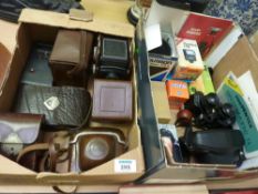 Rolleicord Compur and other cameras, binoculars and accessories in two boxes