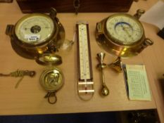 Ship's clock with matching brass cased barometer and other nautical items