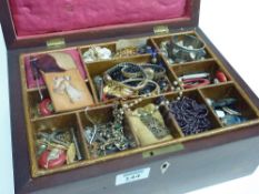 Mahogany sewing box containing vintage jet, watches and costume jewellery