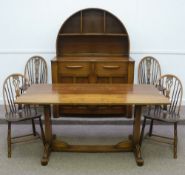 Early 20th century oak dining room suite comprising Dutch dresser, refectory table, four hoop and