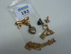 Edwardian brooch stamped 9ct, a middle eastern charm and a 9ct gold chain approx 2.1gm