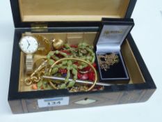 Inlaid burr walnut box containing watch stamped 375, pendants hallmarked 9ct and costume jewellery