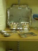 Silver plated tray, cream and sugar bowl set, hallmarked silver salad server, and silver plated